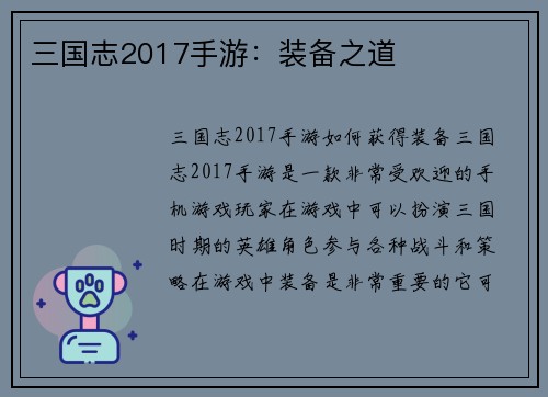 三国志2017手游：装备之道